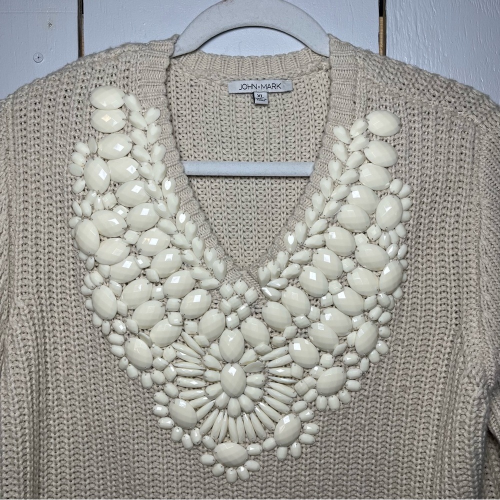 John Mark Cream Knit Sweater with Floral Embellishments Neckline XL - Picture 2 of 9